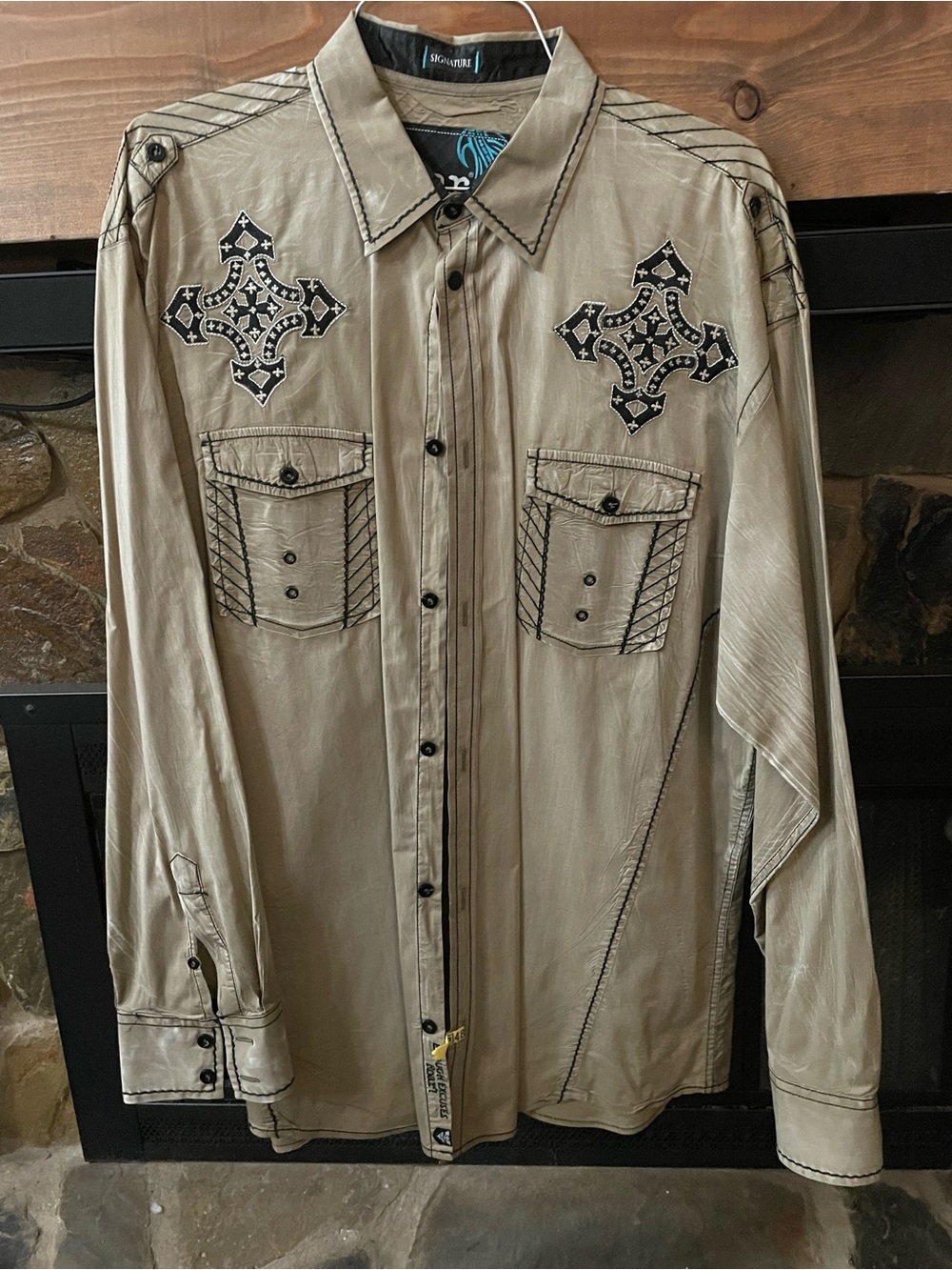 Roar Taupe Embroidered Button-Up Shirt Jacket with Black Cross Accents